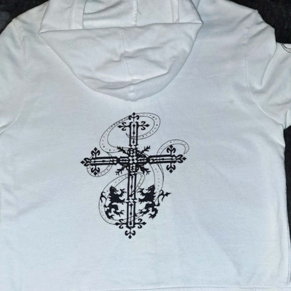 K-mode White Hoodie with Black Cross Design